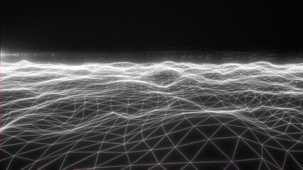 Monochrome wireframe wave terrain with glowing grid lines and dark horizon, minimal futuristic technology background © Bolbik