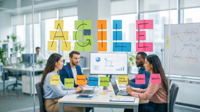 Team discussing AGILE methodology in modern office, scrum planning meeting, agile project management