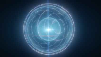 Fototapeta premium Glowing blue holographic sphere with stacked orbit rings and lens flare on dark background, futuristic technology abstraction