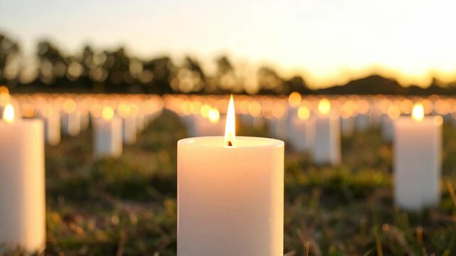 White pillar candles glowing on green grass in a field during a memorial ceremony at golden hour sunset