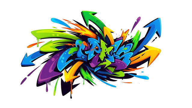 Colorful Graffiti Typography with Vibrant Arrows isolated on a transparent background