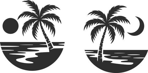 Tropical palm tree beach silhouette collection, summer sunset and moon night icons, exotic vacation island landscape vector design © Al