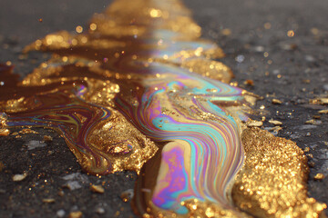 Fototapeta premium Abstract Macro View of Shimmering Rainbow Oil Spill and Golden Metallic Particles on Wet Asphalt