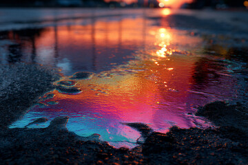 Fototapeta premium Shimmering Iridescent Oil Slick on Rainy Asphalt Pavement During Sunset with Vibrant Colorful Reflections