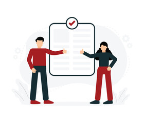 Business partnership agreement concept illustration with approved contract document and teamwork, red color theme