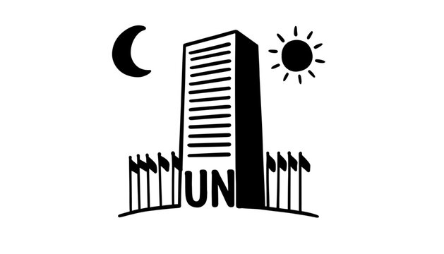 United Nations logo icon with building and flags silhouette illustration