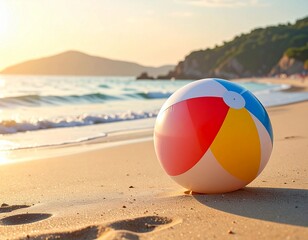 Summer vacation, holiday, travel, tourism, beach , leisure time concept. A serene beach setting with a large, striped beach ball placed on the sand. Space for text.