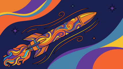 Groovy psychedelic rocket launch in retro space symbol of startup innovation and creative energy vector illustration © Serhii Boichenko