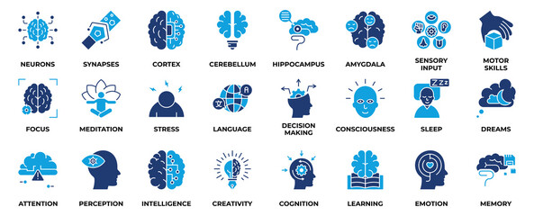 Brain icon set pack collection. Containing learning, mind, perception, intelligence, creativity, cognition, learning, emotion, memory and more. Flat blue Style vector Illustration. © RiskiAyu