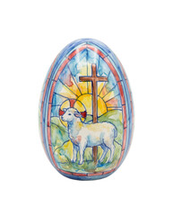 Naklejka premium Watercolor Easter Egg with Lamb and Cross. Religious Theme, Stained Glass Style