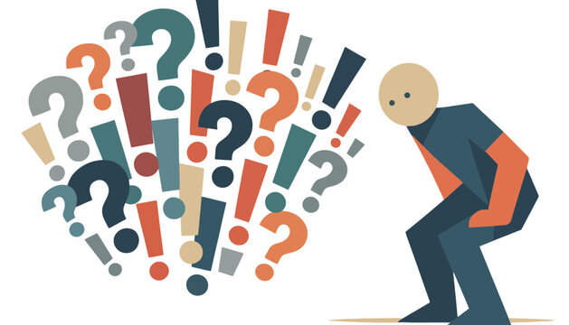 A confused man in a suit surrounded by colorful question marks and exclamation points