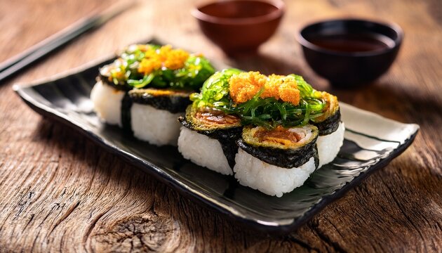 delectable musubi cultural rice and meat delight with fried algae on a rustic background