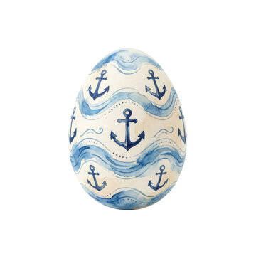 Nautical Easter Egg Watercolor, Anchor and Wave Pattern, Isolated on White