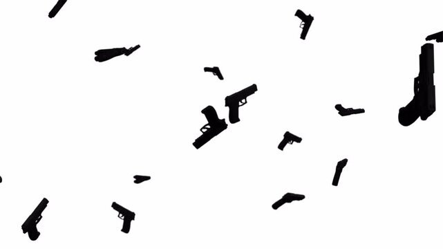 Numerous Handguns Falling Down Against White Background.