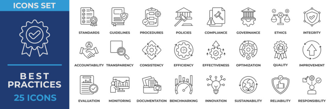 Best practices icon set. Containing procedures, policies, compliance, governance, ethics, integrity, accountability, transparency and documentation. Line vector icons collection.