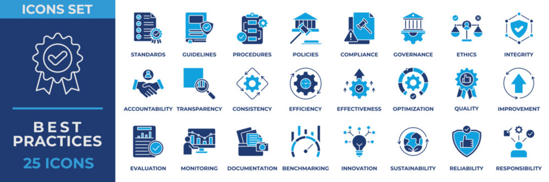 Best practices icon set. Containing procedures, policies, compliance, governance, ethics, integrity, accountability, transparency and documentation. Flat vector icons collection.