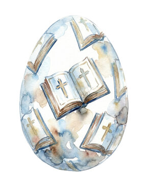 Watercolor Easter Egg with Bible and Cross Pattern on White