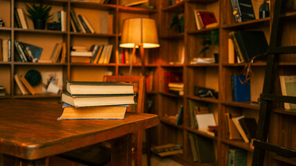 Cozy library interior with stacked books on a wooden table and warm lamp light © shine.graphics