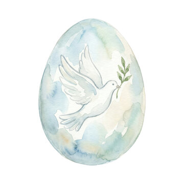 Peaceful Watercolor Easter Egg with Dove and Olive Branch