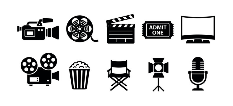 Set of black cinema and movie icons featuring a camera, clapperboard, film reel, popcorn, and director's chair for filmmaking and entertainment concepts in a simple graphic style