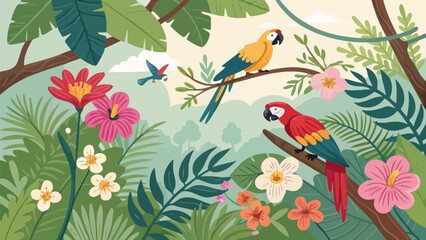 Vibrant jungle paradise vector illustration with colorful parrots exotic flowers lush greenery and tropical leaves in a serene natural