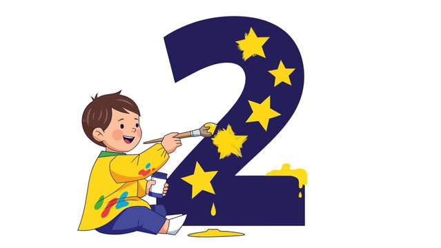Boy Painting Large Number Two with Stars.