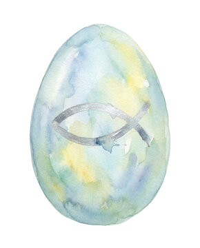 Watercolor Easter Egg with Ichthys Symbol Isolated on White Background