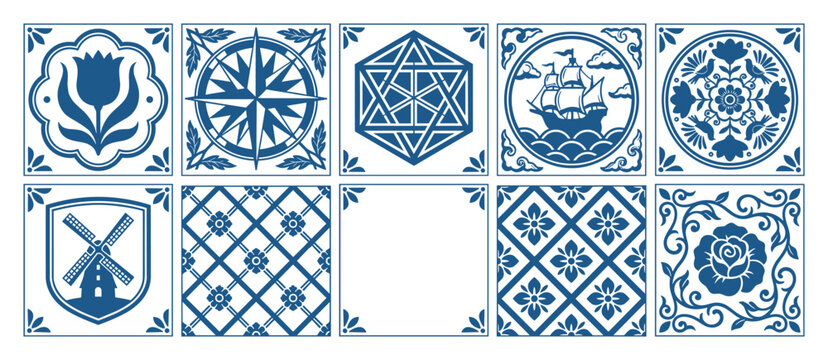 Set of twelve blue ornamental tiles featuring dutch motifs like tulips windmills compass sailing ship and floral designs