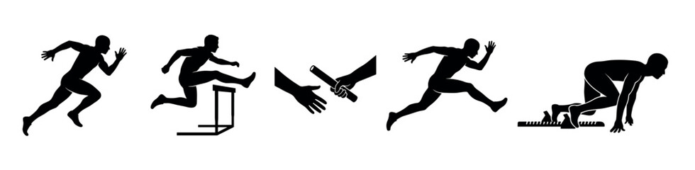 Fototapeta premium Set of black athletic silhouettes depicting track and field events like sprinting, hurdling, relay race baton pass, and starting from blocks in a dynamic graphic style