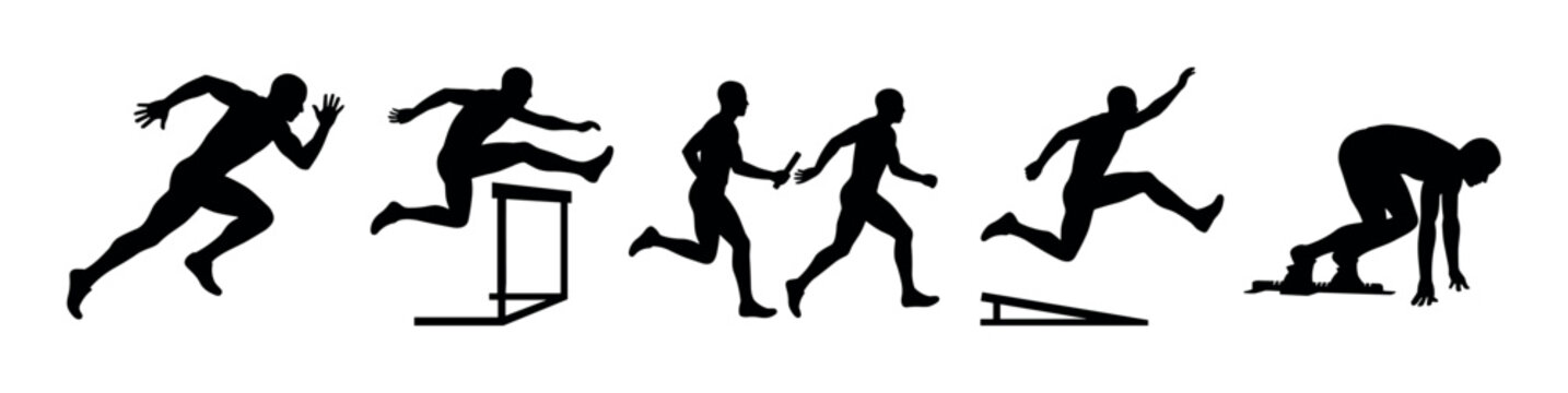 Collection of black male athlete silhouettes in various dynamic action poses from track and field disciplines like sprinting, hurdling, relay race, and jumping