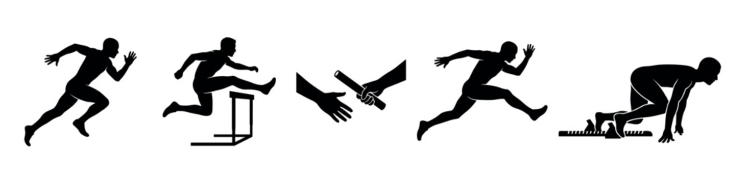 Set of black athletic silhouettes depicting track and field events like sprinting, hurdling, relay race baton pass, and starting from blocks in a dynamic graphic style