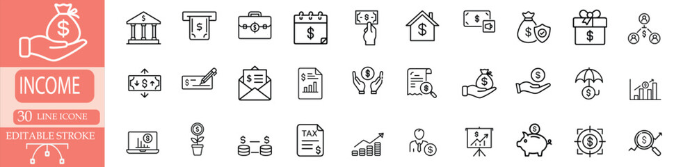 money and income line icon featuring banking finance investment, profit growth tax document savings more vector illustration or editable stroke.