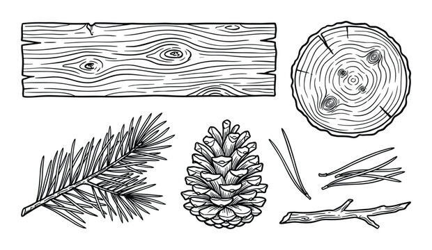 Set of wood logging items including cut lumber, pine branch, cone, and needles