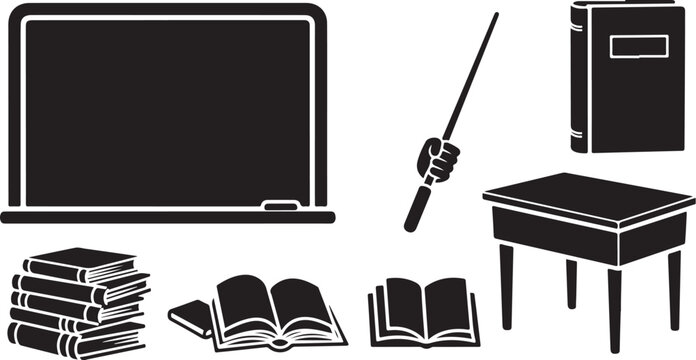 Black and white illustration of classroom objects and furniture