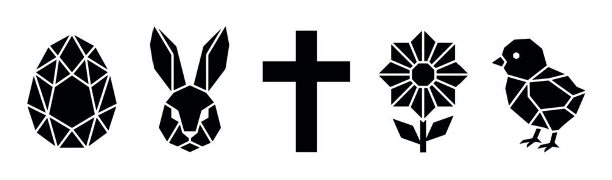 Set of black Easter icons including a geometric egg, rabbit, Christian cross, flower, and chick in a modern, minimalist style for religious and spring holiday celebrations