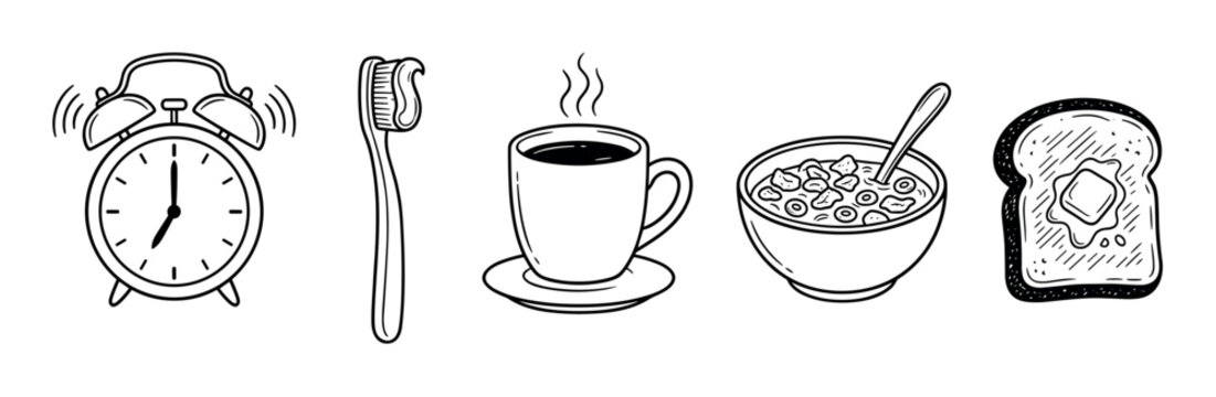 Hand-drawn morning routine doodle illustrations featuring a ringing alarm clock, toothbrush, steaming coffee mug, cereal bowl, and buttered toast in a simple black line art style