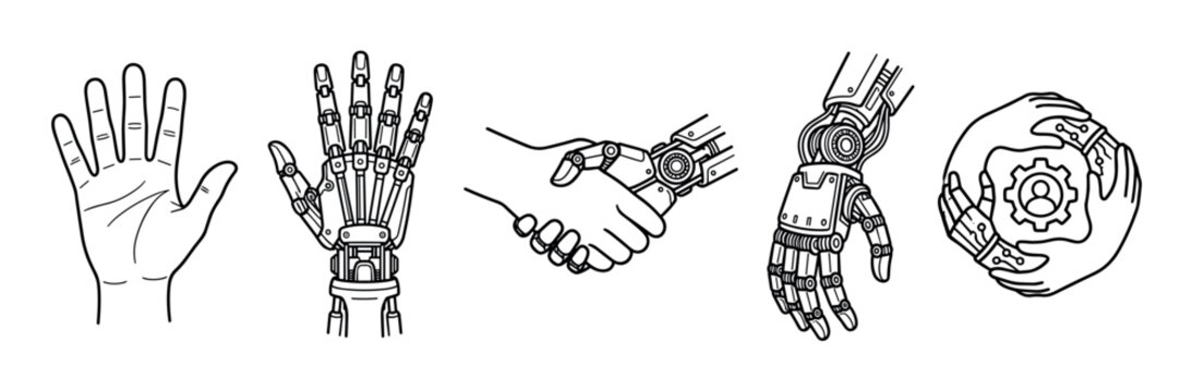 Human and robotic hands line art icon set showing partnership, future technology, and artificial intelligence concepts in a simple black and white sketch illustration style