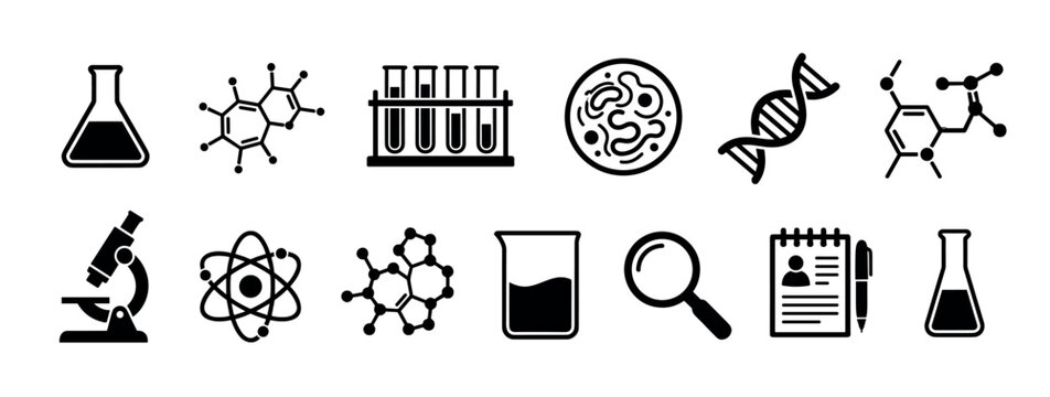 Set of black science icons for laboratory research, including a microscope, flask, DNA, atom, and molecule symbols in a minimalist flat vector style