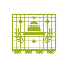 Illustrating a vibrant green papel picado, this folk art design showcases a classic sombrero and decorative olive branches, perfect for celebrating mexican culture and festive occasions