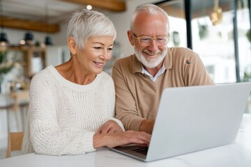 Obraz premium Happy Senior Couple Using Laptop at Home