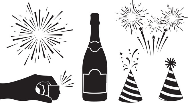 Celebration icons including champagne bottle and party hats graphics