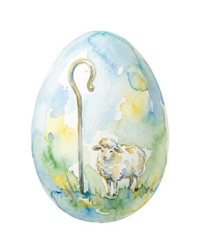 Watercolor Easter Egg with Lamb and Shepherd's Crook