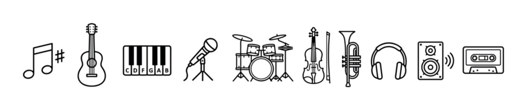 Collection of black line art music icons featuring various instruments and audio equipment like a guitar, piano, microphone, drums, violin, trumpet, headphones, and cassette