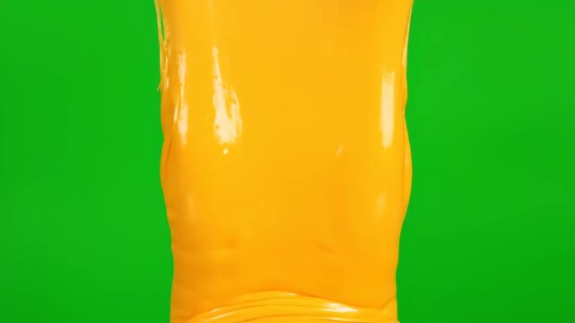 Thick orange liquid flows slowly downwards on a green screen. Viscous, gooey substance dripping, perfect for food or abstract backgrounds.