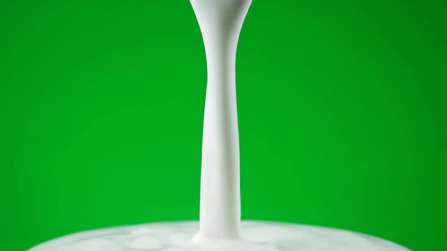 Thick white liquid pours down against a bright green screen. A steady stream creates gentle ripples.