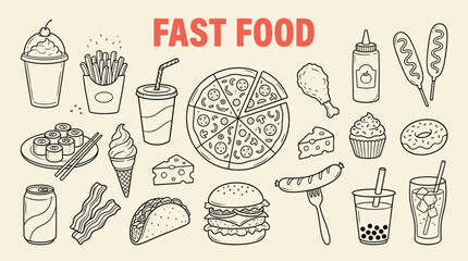 A variety of fast food items including pizza, burger, fries, and drinks, illustrated in a simple line drawing style on a beige background with red text.