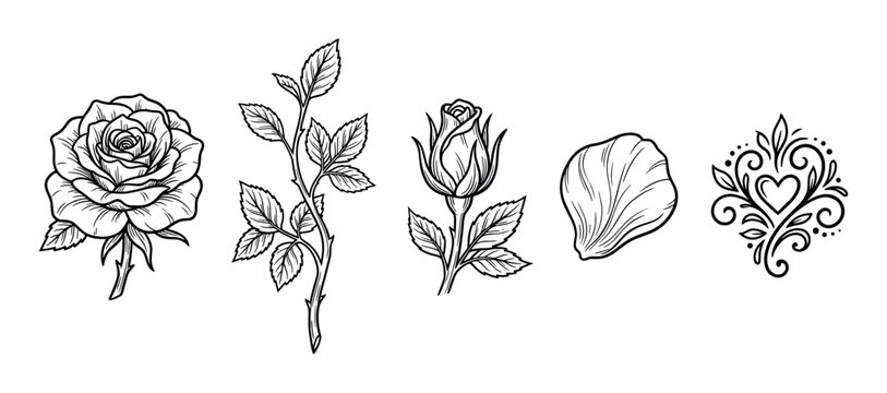 Set of black line art rose illustrations including a flower, bud, stem, petal, and decorative heart ornament in a hand-drawn tattoo style for design elements