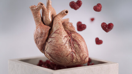 Fascinating anatomical human heart floats inside white box with small red shapes flying around showing deep emotion and true love