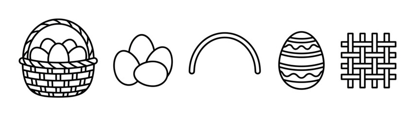 Fototapeta premium Black and white Easter themed icon set featuring a wicker basket with eggs, a decorated egg, an arch, and a weave pattern in a clean minimalist line art style