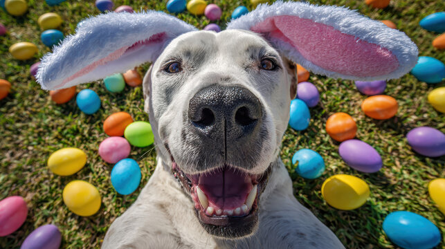 Happy dog wearing bunny ear lying on green grass surrounded by colorful easter egg showing joyful smile during spring celebration